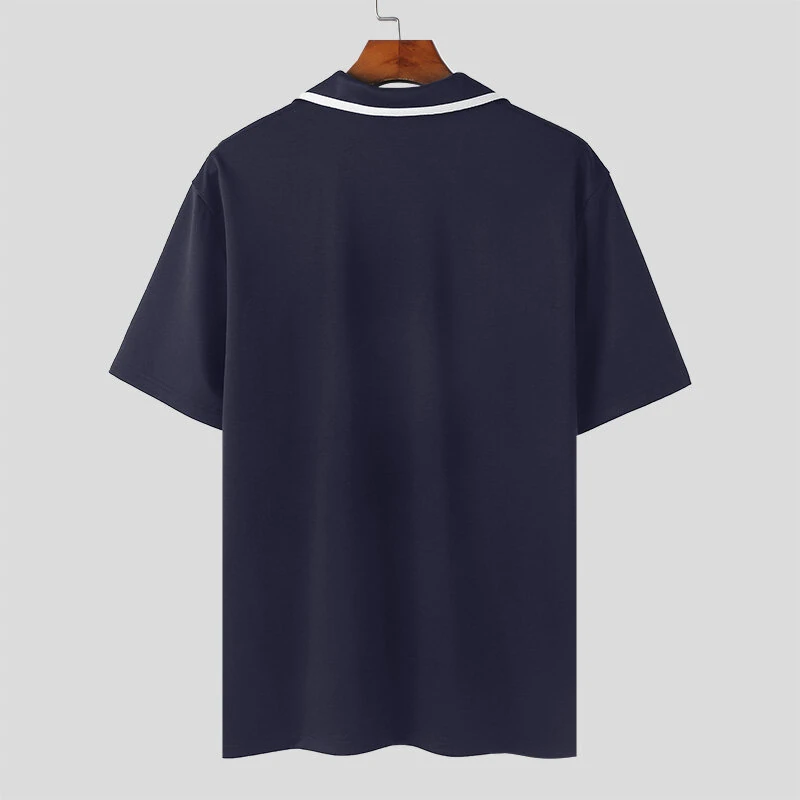 (image for) INCERUN Mens Fashion Design Spliced Collar Shirt Comfortable Fabric Short Sleeve Zipper Lapel Top for Male S-5XL