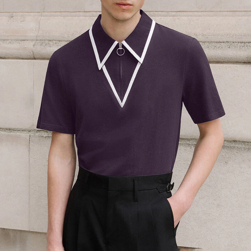 (image for) INCERUN Mens Fashion Design Spliced Collar Shirt Comfortable Fabric Short Sleeve Zipper Lapel Top for Male S-5XL