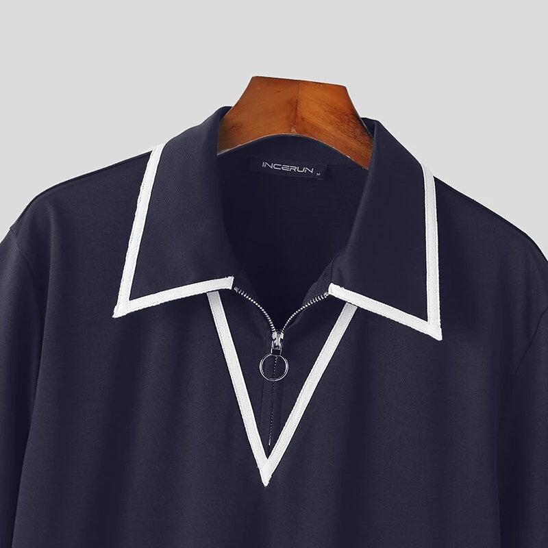 (image for) INCERUN Mens Fashion Design Spliced Collar Shirt Comfortable Fabric Short Sleeve Zipper Lapel Top for Male S-5XL